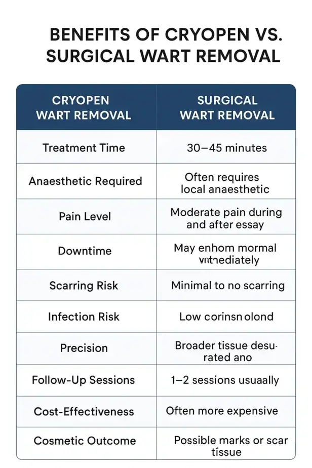 Table showing the benefits of cryopen to remove warts Pinner compared to surgical treatment